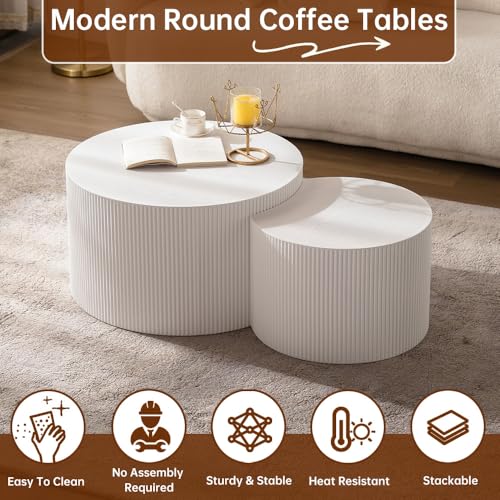Round Nesting Coffee Table Set of 2 Modern Cream Fluted Coffee Table Small Round End Table Crescent Side Table Circular Coffee Tables Nested Coffee Tables for Living Room (Cream Large) - color: Cream Large