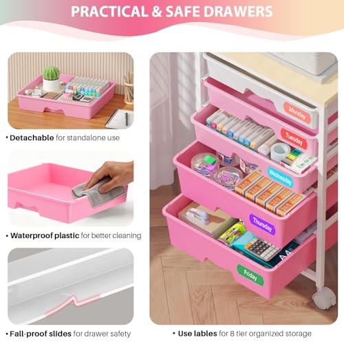 Goovilla Rolling Cart with Drawers, Utility Cart Organizer with 5 Removable Drawers and Wooden Tabletop, Lockable Rolling Storage Organizer for Art, Classroom, Home, Dorm, Office, Craft Storage, Pink - size: Pink