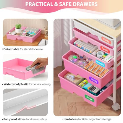Goovilla Rolling Cart with Drawers, Utility Cart Organizer with 5 Removable Drawers and Wooden Tabletop, Lockable Rolling Storage Organizer for Art, Classroom, Home, Dorm, Office, Craft Storage, Pink - size: Pink