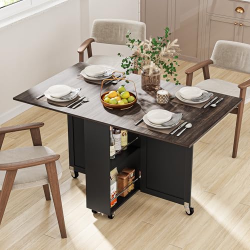 Folding Dining Table with 6 Wheels, Drop Leaf Tables for Small Spaces, Foldable Dining Table with 2-Layer Storage Rack, Kitchen Table with Drawer (Brown Wood and Black) - color: Dark Brown