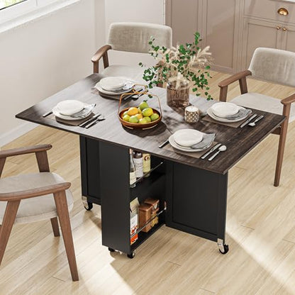Folding Dining Table with 6 Wheels, Drop Leaf Tables for Small Spaces, Foldable Dining Table with 2-Layer Storage Rack, Kitchen Table with Drawer (Brown Wood and Black) - color: Dark Brown