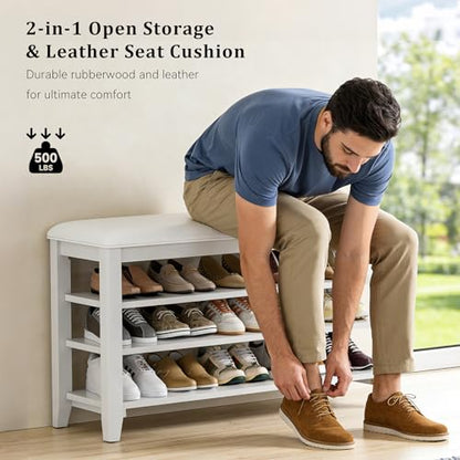 Shoe Bench with 3 Tier Adjustable Shelves Rubberwood Entryway 31.5'' - color: White, size: 31.5''