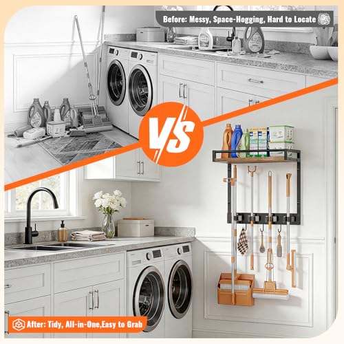 Broom Holder Wall Mount with Shelf, 15.7" Wx6.7 Dx15.7 H, 2 Packs | Load 66LBS, 4 Mop Hanger Grippers, 3 Hooks, for Laundry Room, Garage, Utility Closet, Kitchen - style: 2 Packs