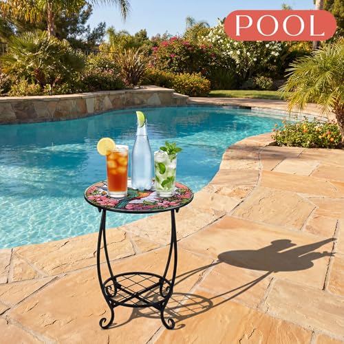 Cinnvoice Outdoor Side Table Round Small Mosaic Patio Accent Indoor End Plant Coffee Tea Table for Yard Patio Porch Garden Living Room, Bedroom(Hummingbird Style,16 Inch) - size: 16 Inch, style: Hummingbird Style