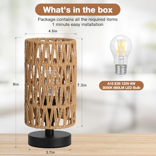 Fenmzee Small Table Lamp for Bedroom - Inline Control, Bedside Lamp with 3000K A15 LED Blub, Easy Assembly（Rattan Rope Shade-Black Base，9" Inline Control） - color: Rattan Rope Shade-Black Base