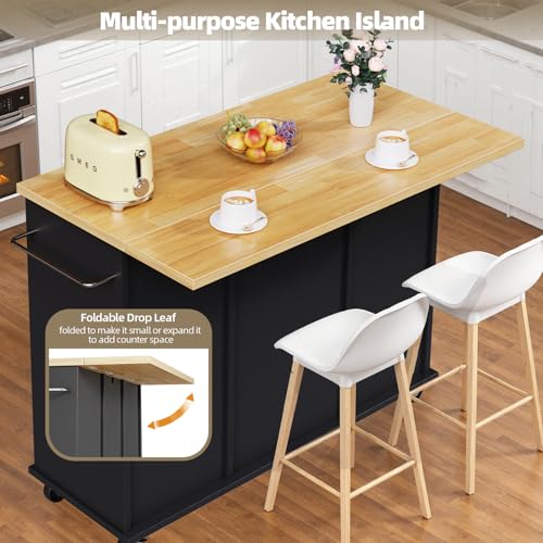 SUNLEI Rolling Kitchen Island Cart with Wheels, Island Table for Kitchen, Farmhouse Kitchen Cart with Drop Leaf & Towel Rack & Drawer, Kitchen Island with Storage Cabinet, Black - style: Black