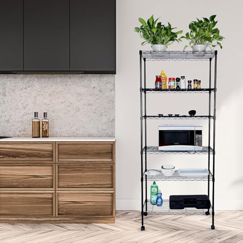 Simple Deluxe Heavy Duty 6-Shelf Shelving, 29.92'' D x 13.98'' W x 71.65'' H Adjustable Wire Shelving with Hanging Hooks and Wheels, Black - color: Black, size: 6-Tier