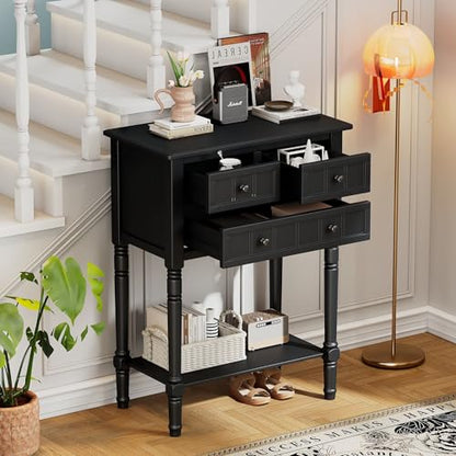 24'' Entryway Table, Small Console Table with Storage Drawers and Shelf, Hallway Table for Entryway Hallway Foyer, Farmhouse Solid Wood Frame (Black) - color: Black