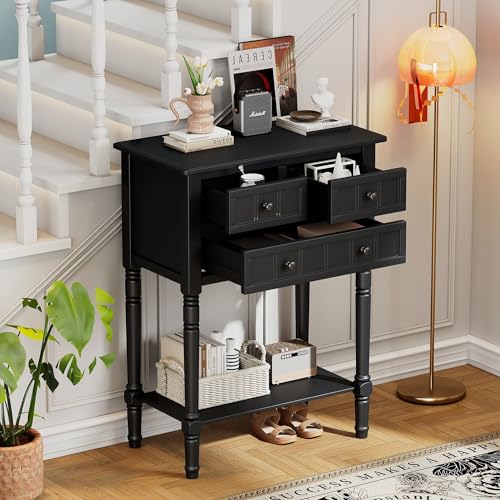 24'' Entryway Table, Small Console Table with Storage Drawers and Shelf, Hallway Table for Entryway Hallway Foyer, Farmhouse Solid Wood Frame (Black) - color: Black