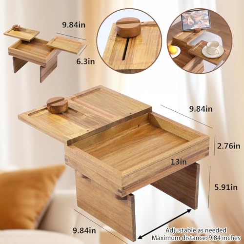 Acacia Wood Couch Arm Tray, 13.4 x 10.3 x 9.5 inches | Sofa Armrest Table, 2 Rotating Trays, 1 Storage Box, 360° Rotating Phone Holder, 4-in-1 TV Tray Table