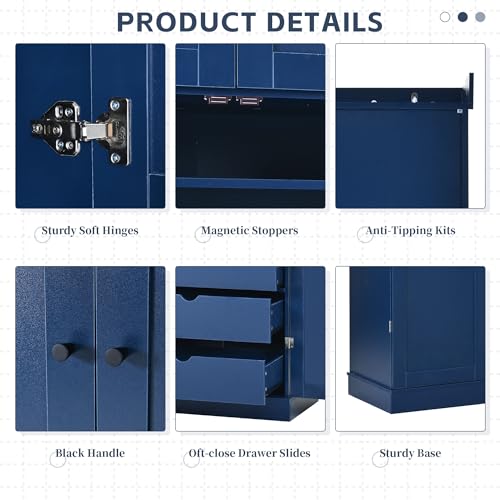 Polibi 77" Tall Freestanding Kitchen Pantry Cabinet, 35" L x 17.7" W Modern Shaker Style Storage Cupboard with Adjustable Shelves, Wine Racks, Drawers, Door Shelves, Blue - color: Blue