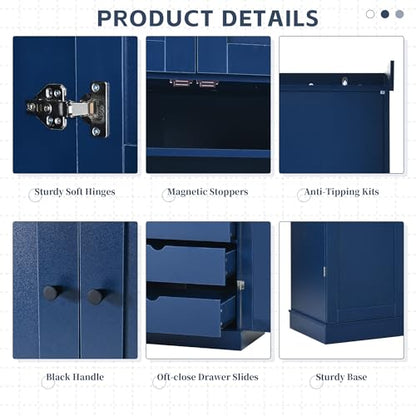 Polibi 77" Tall Freestanding Kitchen Pantry Cabinet, 35" L x 17.7" W Modern Shaker Style Storage Cupboard with Adjustable Shelves, Wine Racks, Drawers, Door Shelves, Blue - color: Blue