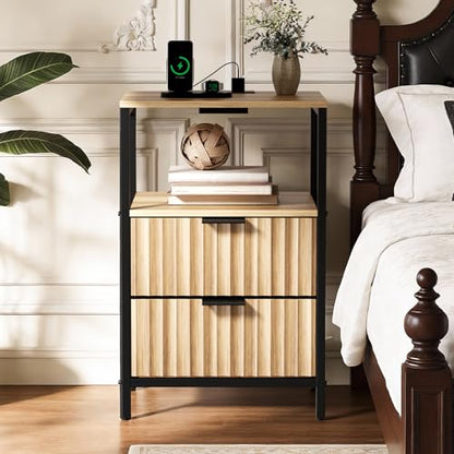 VINGLI Nightstands Set of 2 with Fabric Drawers, Fluted Nightstand with Charging Station, Oak Night Stand Set 2, Bed Side Tables with Drawers Fabric, End Tales Bedroom with Charger Station - color: Oak, size: 15"W-2 Drawer 1 Shelf