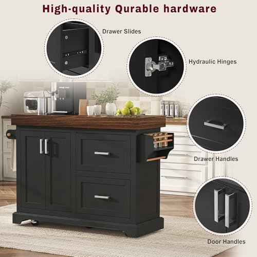 53.2" Rolling Kitchen Island with Storage, 3.5" Thick Countertop, Spice Rack, Towel Rack, Drawer & Cabinet - Mobile Kitchen Cart on Wheels for Kitchen, Dining Room, Black - color: Black