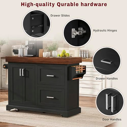 53.2" Rolling Kitchen Island with Storage, 3.5" Thick Countertop, Spice Rack, Towel Rack, Drawer & Cabinet - Mobile Kitchen Cart on Wheels for Kitchen, Dining Room, Black - color: Black