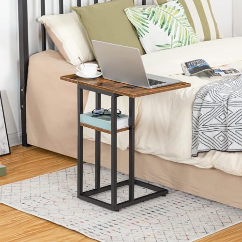 HOOBRO Foldable C Shaped End Table, C Shaped Side Table with Storage Shelf, Small Snack Table, Slide Under Couch Table for Sofa, Living Room Bedroom Small Spaces Easy Assembly, Rustic Brown BF29SF01 - color: Rustic Brown + Black
