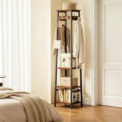 Coat Rack Freestanding, Coat Stand with 3 Shelves and 7 Hooks, Hall Tree Free Standing, Clothes Rack Stand Organizer, Industrial Style, Rustic Brown and Black - color: Rustic Brown and Black, style: 3 Shelves