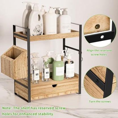 2-Tier Bathroom Counter Organizer, Wooden Vanity Shelf with Drawer & Basket | Pre-Drilled Holes, Skincare & Makeup Countertop Organizer and storage - color: Light Brown