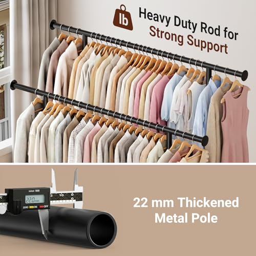 SLEEPING LAMB 44" Double Rods Clothes Rack for Hanging Clothes, Sturdy Wardrobe Clothing Rack with 3 Tier Shelves, Portable Rolling Garment Rack With Wheels for Bedroom, Laundry Living Room, Black