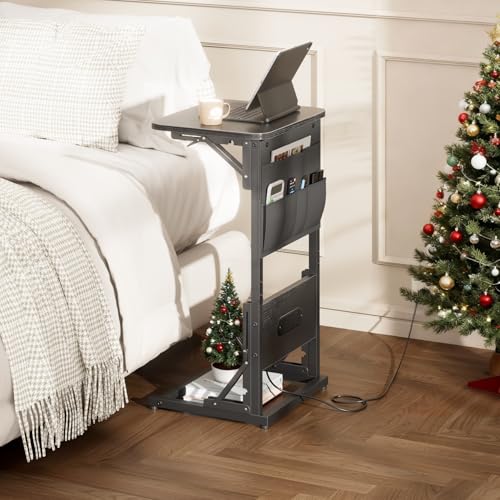 HLDIRECT C Shaped End Table with Charging Station & Storage Bag Black | 2 USB & 2 Outlets, Storage Bag, FSC Wood, Foldable, 11.8"D x 15.7"W, for Small Spaces, Couch, Bedroom - color: Black