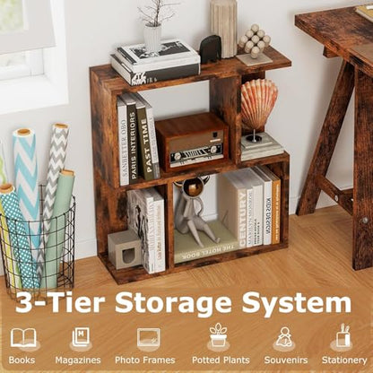22’’ H Geometric Bookshelf, 2-Tier S-Shaped Floor Bookcase, Freestanding Open Display Book Shelf for Small Spaces, Low Side Table for Living Room & Bedroom (1, Rustic Brown) - color: Rustic Brown