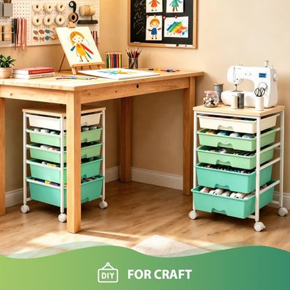 Goovilla Rolling Cart with Drawers, Utility Cart Organizer With 5 Removable Drawers and Wooden Tabletop, Lockable Rolling Storage Organizer for Art, Classroom, Home, Dorm, Office, Craft Storage, Green - size: Green