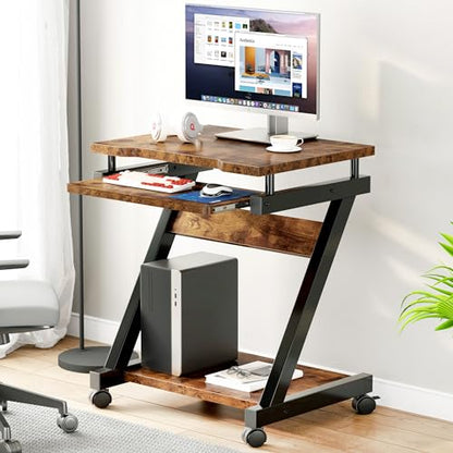 sogesfurniture Small Mobile Computer Desk with Keyboard Tray, Z-Shaped Compact Study Table, Rolling Workstation for Home and Office with Printer Shelf, Keyboard Drawers, Rustic Brown - color: Rustic Brown