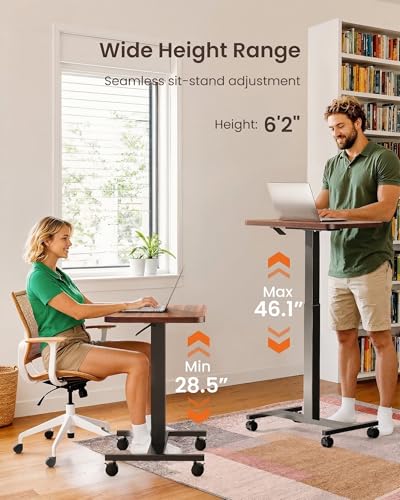 ErGear Mobile Standing Desk with Wheels, Adjustable Height 28.3″ to 46.1″, Rolling Laptop Cart with Cup Holder, Storage Basket, Computer & Pen Slot, Home Office Stand Up Desk, Walnut (31.5″ x 15.75″) - color: Walnut Wood