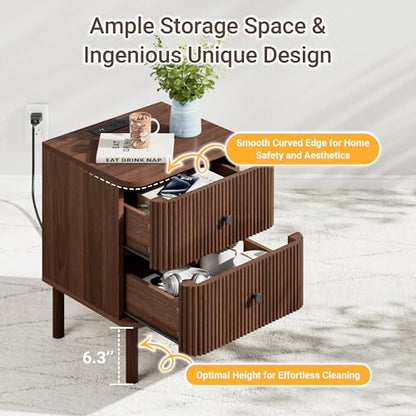 Fluted Nightstand Set of 2 with Charging & Rounded Drawer Fronts | 18in Wide, Bedroom, Natural Oak, FSC-Certified MDF, Solid Wood Legs, 2 Drawer, Metal Knobs, Bedside Table, End Table, Modern - color: Walnut - Rounded Drawer, size: 18"W