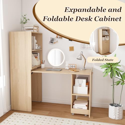 Folding Out Desk with Storage Shelves, Expandable Hidden Computer Desk, Foldable Space-Saving Pull Out Murphy Table, Writing Table with Wheels for Home Office Bedroom Small Spaces (Natural Wood.) - color: Natural Wood.