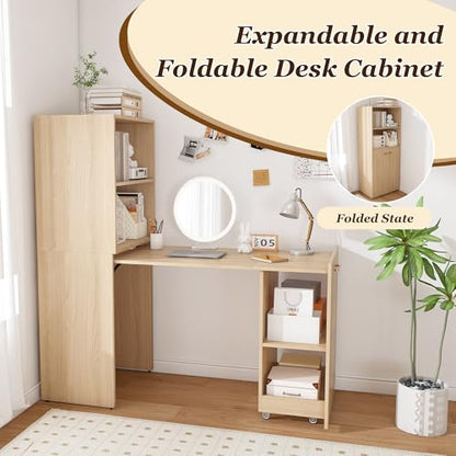 Folding Out Desk with Storage Shelves, Expandable Hidden Computer Desk, Foldable Space-Saving Pull Out Murphy Table, Writing Table with Wheels for Home Office Bedroom Small Spaces (Natural Wood.) - color: Natural Wood.