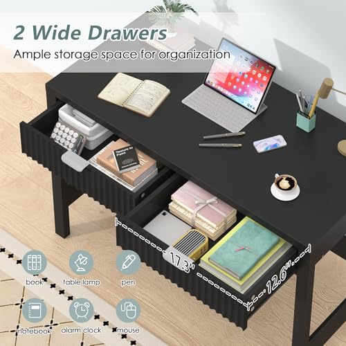 YOMILUVE Fluted Computer Desk with 2 Drawers, 39 Inch Small Computer Desk with Storage, Compact Writing Study Desk for Small Spaces, Black - color: Black