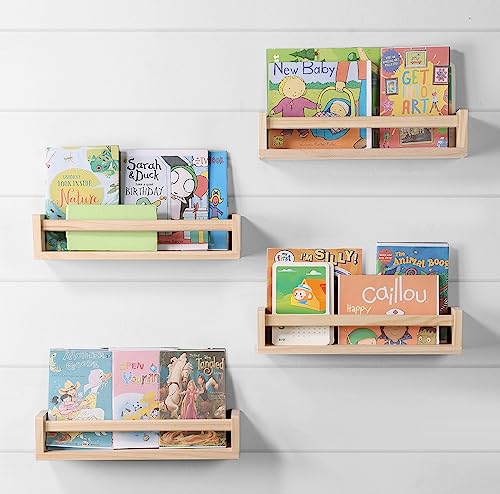 Nursery Room Shelves Set of 4, Wood Floating Book Shelves for Kids Room, Baby Book Shelf for Nursery, Kitchen Spice Rack (Natural Wood) - color: Natural Wood