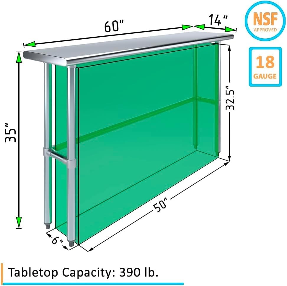60″ × 14″ Open-Base Stainless Steel Work Table – NSF Certified Narrow Commercial Prep Table with Galvanized Legs for Kitchens, Labs & Food Trucks - size: 60"x14"