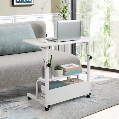 Adjustable Height Rolling Laptop Desk White Storage Drawer Side Table | 28-40in Height Adjustable,Rolling Wheels,Storage Drawer & Shelf,Waterproof Tabletop,Multi-Purpose Bedside Office Desk - color: White