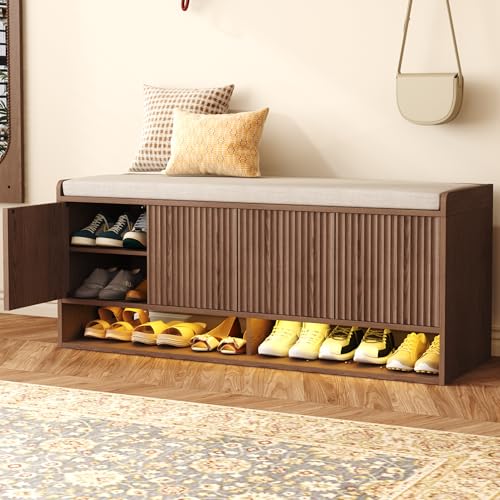 HOMEFORT 47.2" Fluted Shoe Storage Bench, Entryway Bench with Linen Seat Cushion, Shoe Cabinet Bench with Adjustable Shelf and Built-in LED Sensor Light, Bench for Bedroom End of Bed, Walnut - color: Walnut, size: 47.2"Wx15.15"D x19.3"H