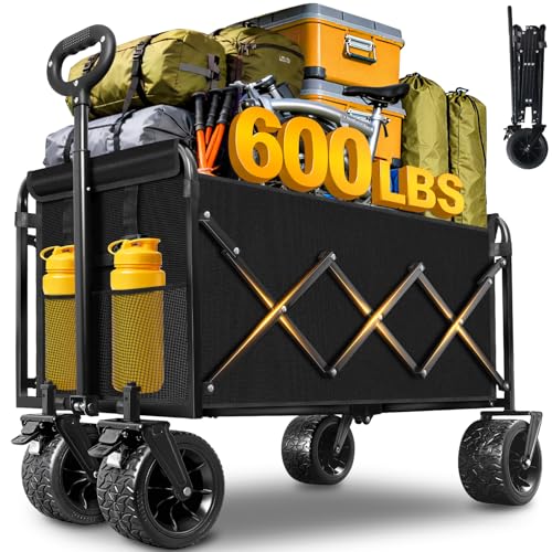 Wagons Carts Foldable Heavy Duty, 600 lb Tank Wheel Wagon with Brakes | Tank wheel utility wagon for groceries, beach, camping, garden and moving; 220L storage, all-terrain wheels and dual brakes - color: Light Black