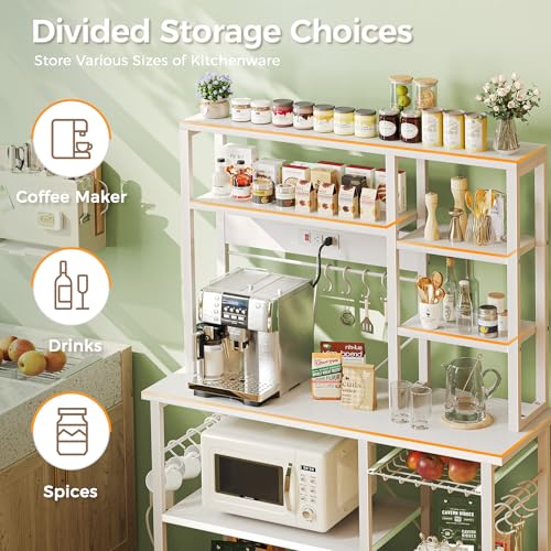 SUPERJARE Large Bakers Rack with Power Outlets, 6-Tier Microwave Stand, Coffee Bar with 12 S-Shaped Hooks, Kitchen Shelf with Wire Basket, 39.4 x 14.6X 66.9 Inches, White - color: White, size: 39.4inch