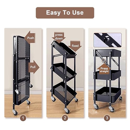 3-Tier Metal Foldable Rolling Cart with Wheels, Heavy Duty No Assembly Required, Space Saving Multi-Purpose Utility Trolley for Kitchen Bathroom Office Dorm Living Room Balcony (White, Handheld) - color: White