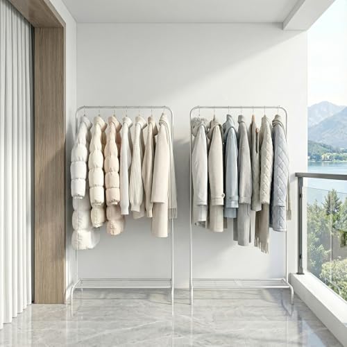 Small White Clothing Rack 2 Pack, Metal Garment Rack No Wheels, Free Standing Clothes Rack with Bottom Shelf for Hanging Clothes, Space Saving Closet Organizer for Bedroom, Laundry Room - color: White /2-Unit