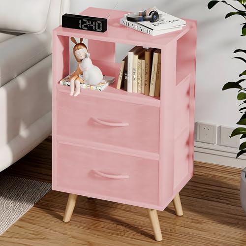 Aenuert Night Stand, Pink Nightstand with 2 Fabric Drawers, Wooden Side Table with Open Storage, 3-Tier Modern End Table, Bedside Table for Small Space, Living Room, Bedroom - color: Pink, size: 3-Tier with Fabric Drawers