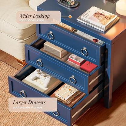 Huuger Paint Night Stand with Charger Station, 3 Drawer Nightstand Set of 2 | Larger Wider Bedside Table with USB-C Port, Modern End Table, for Bedroom, Living Room, Blue Nightstand - color: Blue