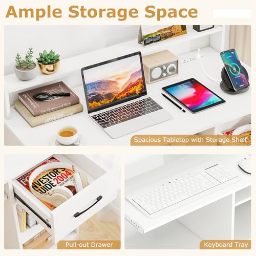 Tangkula White Desk with Drawer & Keyboard Tray, Home Office Desk with Built-in Charge Station & Adjustable Shelf, Study Writing Table with Hutch, Modern Computer PC Workstation
