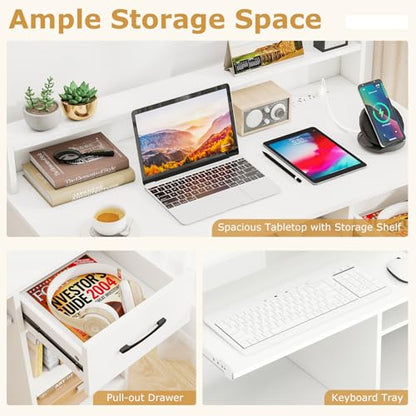 Tangkula White Desk with Drawer & Keyboard Tray, Home Office Desk with Built-in Charge Station & Adjustable Shelf, Study Writing Table with Hutch, Modern Computer PC Workstation