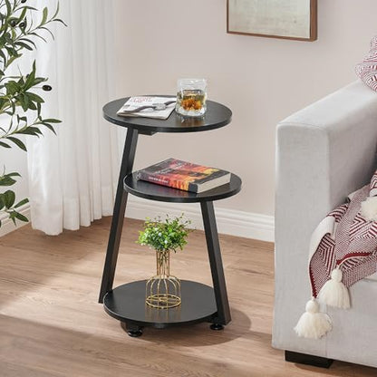 BEWISHOME Round End Table Side Table with Metal Frame, Black KTZ41B | Accent Table Nightstand Bedside Table, 3-Tier Shelves, Small Couch Table, For Living Room Bedroom - color: Black, size: without PowerOutlet