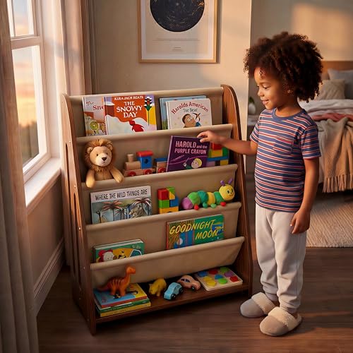 Perugina Wood Kids Bookshelf 5Tier(WalnutPattern) | DutchDesign Montessori Nursery Toddler Baby Book Shelf kidsroom - color: Redwalnutwood Grainpattern