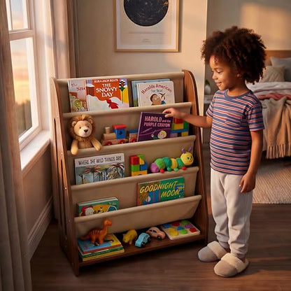 Perugina Wood Kids Bookshelf 5Tier(WalnutPattern) | DutchDesign Montessori Nursery Toddler Baby Book Shelf kidsroom - color: Redwalnutwood Grainpattern