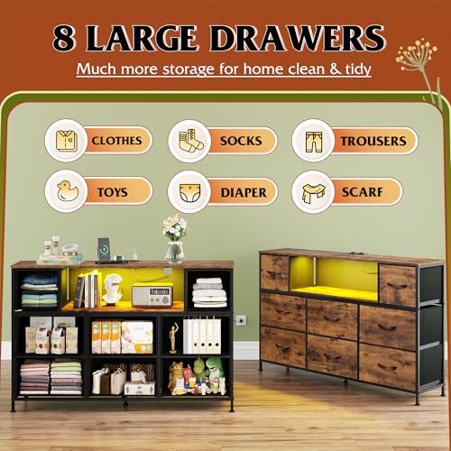 WLIVE Dresser TV Stand for 45, 50, 55 inch TV, Entertainment Center with LED Lights & Charging Station, Chest of Drawers with 8 Fabric Drawers and Open Shelves for Living Room, Hallway, Rustic Brown - color: Rustic Brown
