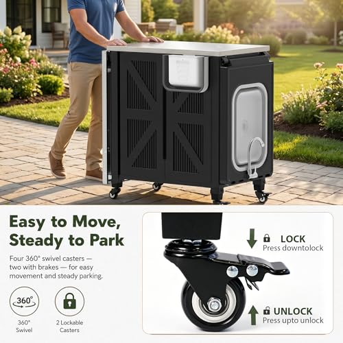 Outdoor Grill Cart with Storage Cabinet, 3-in-1 Movable Kitchen Island Cart, Outdoor Grill Cooking Station with Stainless Steel Countertop&Rolling Wheels&Folding Side Tables for Backyard Patio