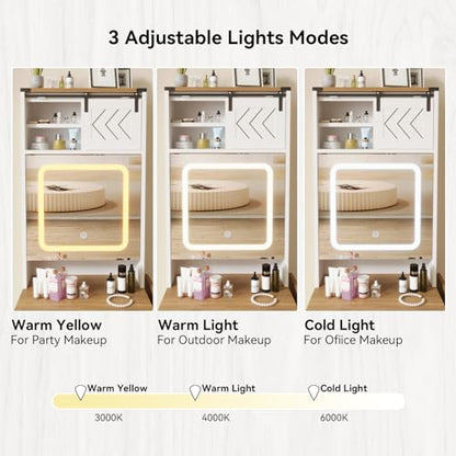 ARTETHYS Farmhouse Small Vanity Desk with Mirror Cabinet & Storage Chair | Mini Makeup Vanities Set with Fold-up Panel, White Dressing Table with 3 Adjustable Lights for Compact Space - color: White and Brown